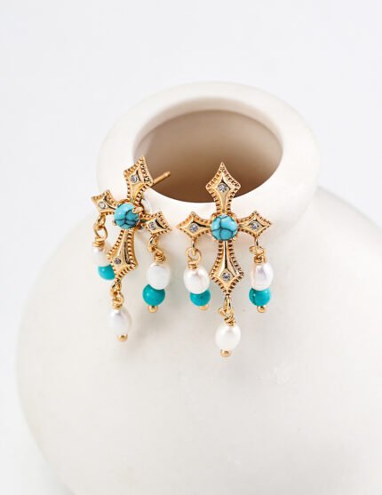 Antiqued gold and white gold sterling silver pearl earrings